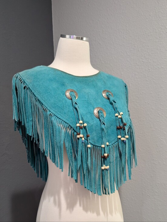 Vintage Accessories - Vintage Steer Brand Teal Suede Fringe Cape with Conchos - Boho Western Statement
